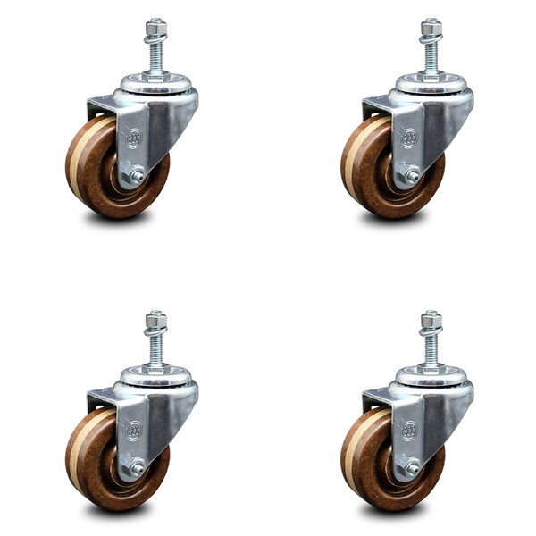 3 Inch High Temp Phenolic Wheel Swivel 3/8 Inch Threaded Stem Caster Set SCC